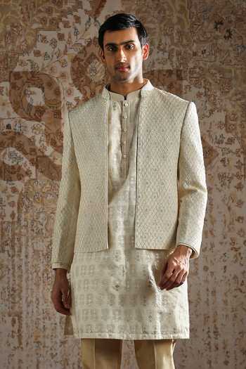 Buy_Asuka_Ivory Silk, Chanderi Zari Textured Regal Bandhgala Set _Online_at_Aza_Fashions