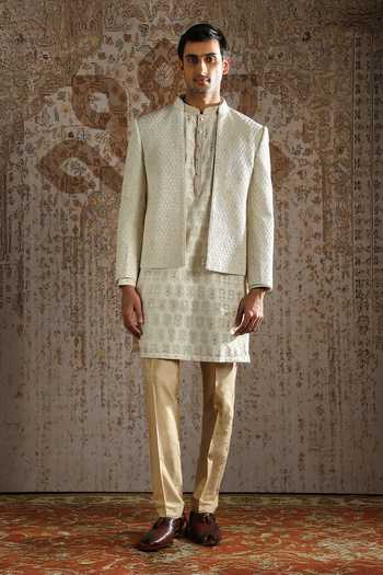 Shop_Asuka_Ivory Silk, Chanderi Zari Textured Regal Bandhgala Set _Online_at_Aza_Fashions