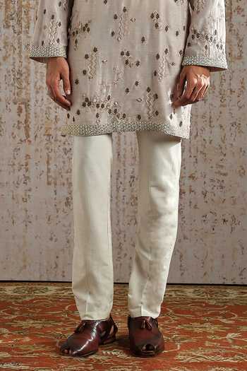 Asuka_Green Chanderi, Jacquard Zari Geometric Embroidered Bandhgala Set _Online_at_Aza_Fashions