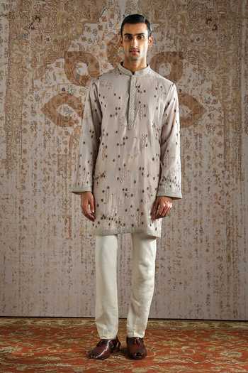 Buy_Asuka_Green Chanderi, Jacquard Zari Geometric Embroidered Bandhgala Set _Online_at_Aza_Fashions