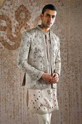 Shop_Asuka_Green Chanderi, Jacquard Zari Geometric Embroidered Bandhgala Set _Online_at_Aza_Fashions