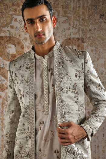 Asuka_Green Chanderi, Jacquard Zari Geometric Embroidered Bandhgala Set _at_Aza_Fashions