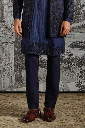 Asuka_Blue Silk Embroidered Sherwani Set _Online_at_Aza_Fashions