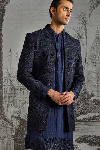 Buy_Asuka_Blue Silk Embroidered Sherwani Set _Online_at_Aza_Fashions