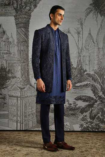 Shop_Asuka_Blue Silk Embroidered Sherwani Set _Online_at_Aza_Fashions