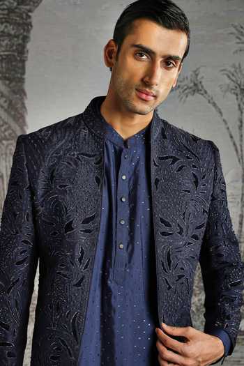 Asuka_Blue Silk Embroidered Sherwani Set _at_Aza_Fashions