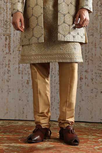 Asuka_Gold Silk Antique Brocade Pattern Sherwani Set _Online_at_Aza_Fashions