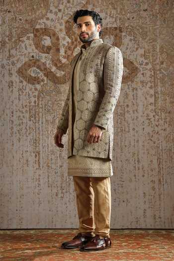 Buy_Asuka_Gold Silk Antique Brocade Pattern Sherwani Set _Online_at_Aza_Fashions