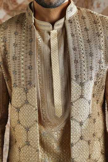 Shop_Asuka_Gold Silk Antique Brocade Pattern Sherwani Set _Online_at_Aza_Fashions