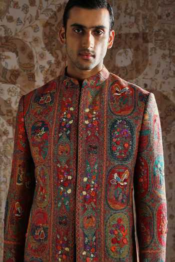 Shop_Asuka_Multi Color Pashmina Embroidered Sherwani Set _Online_at_Aza_Fashions