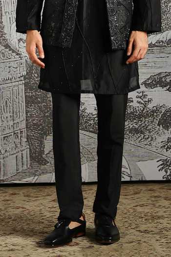 Asuka_Black Silk Embroidery, Sequins Textured Jacquard Raw Kurta Bundi Set _Online_at_Aza_Fashions