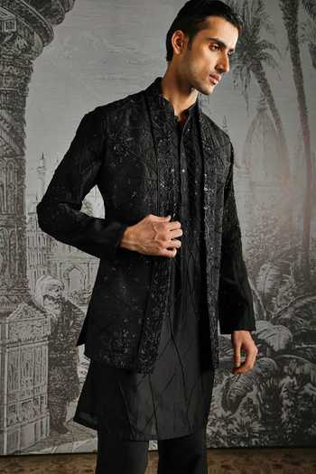Buy_Asuka_Black Silk Embroidery, Sequins Textured Jacquard Raw Kurta Bundi Set _Online_at_Aza_Fashions