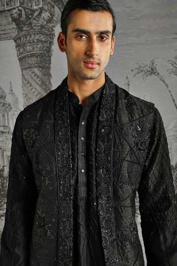 Shop_Asuka_Black Silk Embroidery, Sequins Textured Jacquard Raw Kurta Bundi Set _Online_at_Aza_Fashions