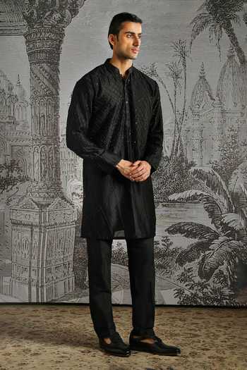 Asuka_Black Silk Embroidery, Sequins Textured Jacquard Raw Kurta Bundi Set _at_Aza_Fashions