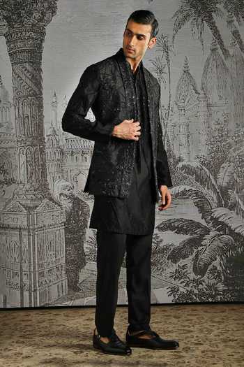 Buy_Asuka_Black Silk Embroidery, Sequins Textured Jacquard Raw Kurta Bundi Set 