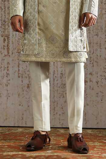 Asuka_Ivory Silk Raw Embroidered Sherwani Set _Online_at_Aza_Fashions