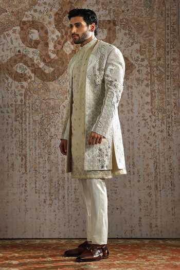 Buy_Asuka_Ivory Silk Raw Embroidered Sherwani Set _Online_at_Aza_Fashions