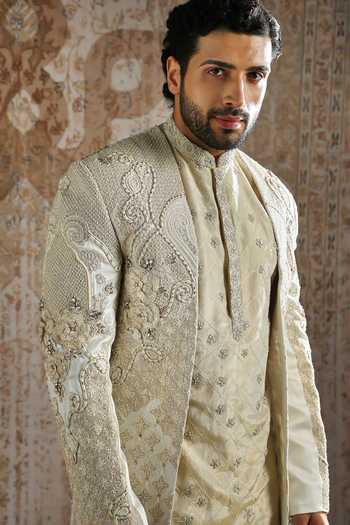 Shop_Asuka_Ivory Silk Raw Embroidered Sherwani Set _Online_at_Aza_Fashions