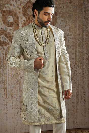 Asuka_Ivory Silk Raw Embroidered Sherwani Set _at_Aza_Fashions