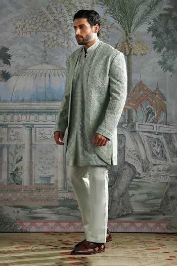 Buy_Asuka_Blue Silk, Georgette Meadow Embroidered Sherwani Set _Online_at_Aza_Fashions