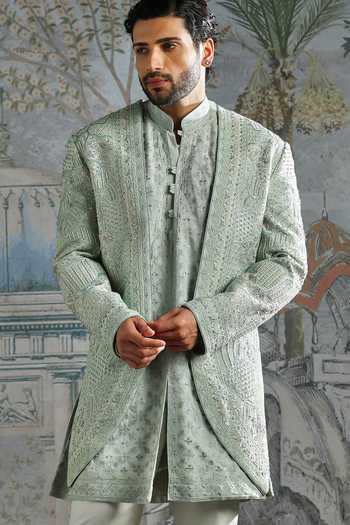 Shop_Asuka_Blue Silk, Georgette Meadow Embroidered Sherwani Set _Online_at_Aza_Fashions