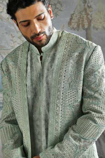 Asuka_Blue Silk, Georgette Meadow Embroidered Sherwani Set _at_Aza_Fashions