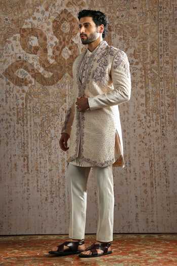 Buy_Asuka_Ivory Silk Pearl Embroidered Angrakha Sherwani Set _Online_at_Aza_Fashions