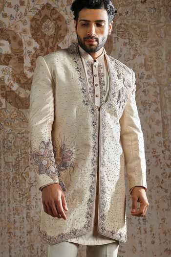 Shop_Asuka_Ivory Silk Pearl Embroidered Angrakha Sherwani Set _Online_at_Aza_Fashions