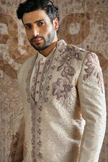 Asuka_Ivory Silk Pearl Embroidered Angrakha Sherwani Set _at_Aza_Fashions