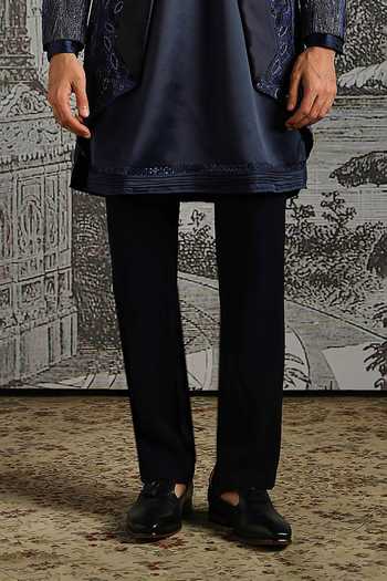 Asuka_Navy Silk Ornamental Panel Embroidered Sherwani Set _Online_at_Aza_Fashions