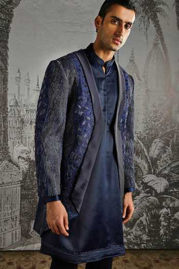 Buy_Asuka_Navy Silk Ornamental Panel Embroidered Sherwani Set _Online_at_Aza_Fashions