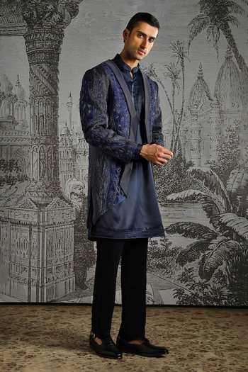 Shop_Asuka_Navy Silk Ornamental Panel Embroidered Sherwani Set _Online_at_Aza_Fashions