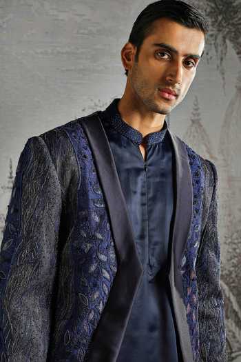 Asuka_Navy Silk Ornamental Panel Embroidered Sherwani Set _at_Aza_Fashions