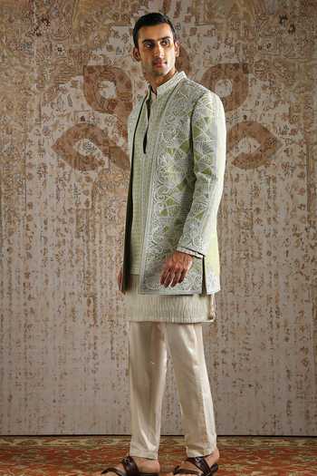 Buy_Asuka_Green , Chanderi Zari Embroidered Bandhgala Set _Online_at_Aza_Fashions