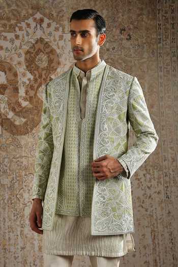 Shop_Asuka_Green , Chanderi Zari Embroidered Bandhgala Set _Online_at_Aza_Fashions