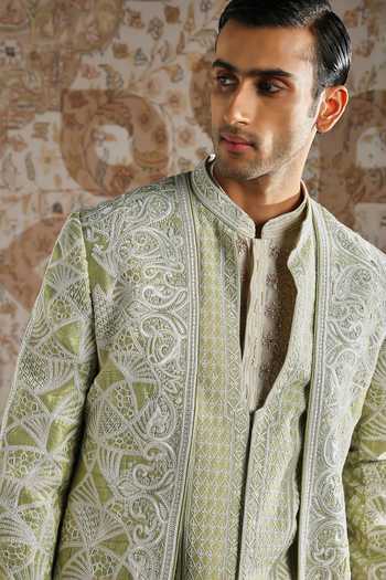Asuka_Green , Chanderi Zari Embroidered Bandhgala Set _at_Aza_Fashions