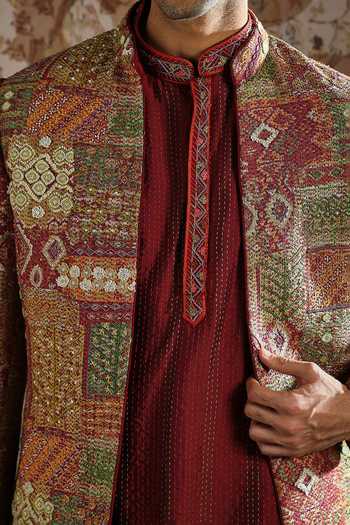 Buy_Asuka_Maroon Pashmina Embroidered Sherwani Set _Online_at_Aza_Fashions