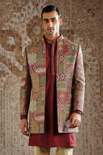 Shop_Asuka_Maroon Pashmina Embroidered Sherwani Set _Online_at_Aza_Fashions