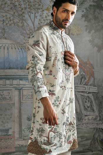Shop_Asuka_Ivory Chanderi Silk Kurta And Pant Set _Online_at_Aza_Fashions