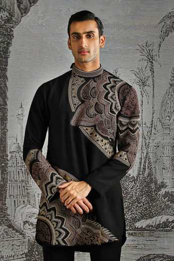 Buy_Asuka_Black Jacquard Self Kurta And Pant Set _Online_at_Aza_Fashions