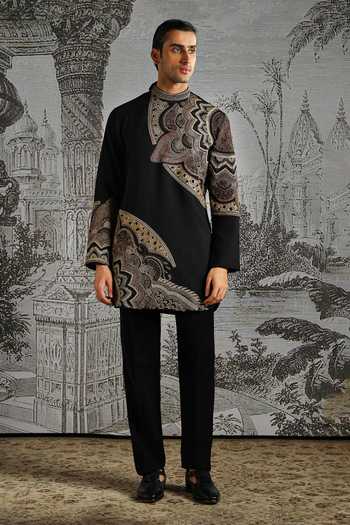 Shop_Asuka_Black Jacquard Self Kurta And Pant Set _Online_at_Aza_Fashions