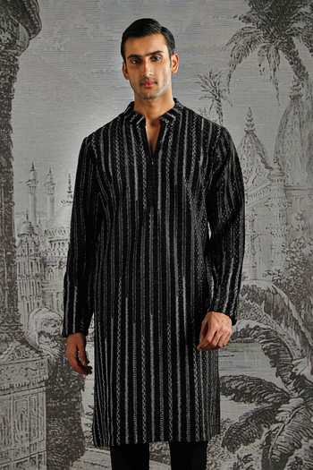 Buy_Asuka_Black Velvet, Jacquard Striped Kurta And Pant Set _Online_at_Aza_Fashions
