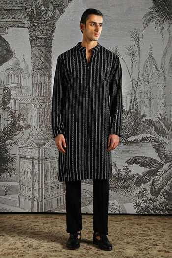 Shop_Asuka_Black Velvet, Jacquard Striped Kurta And Pant Set _Online_at_Aza_Fashions