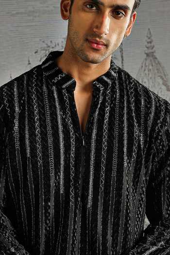 Asuka_Black Velvet, Jacquard Striped Kurta And Pant Set _at_Aza_Fashions