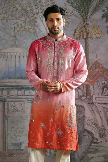 Buy_Asuka_Pink Silk Embroidered Vis Raw Kurta And Pant Set _Online_at_Aza_Fashions