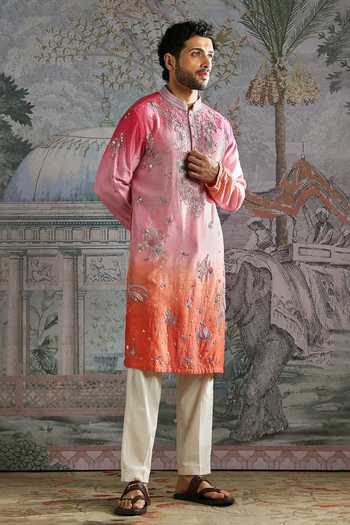 Shop_Asuka_Pink Silk Embroidered Vis Raw Kurta And Pant Set _Online_at_Aza_Fashions