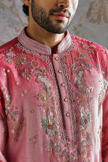 Asuka_Pink Silk Embroidered Vis Raw Kurta And Pant Set _at_Aza_Fashions