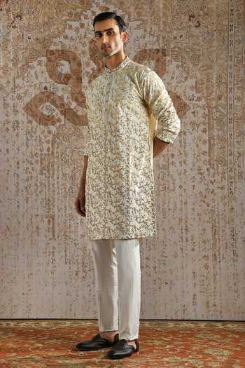 Shop_Asuka_Ivory Chanderi Silk Embroidered Kurta Set _Online_at_Aza_Fashions