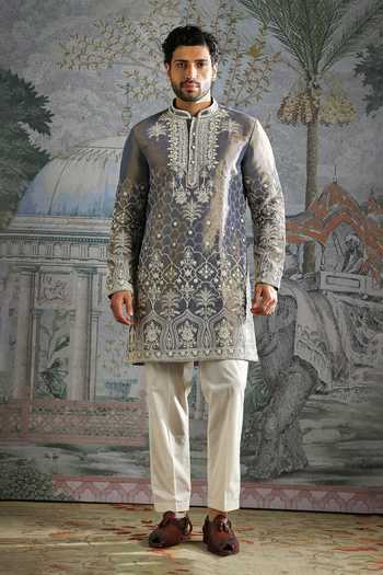 Asuka_Grey Tissue Embroidered Kurta And Pant Set _Online_at_Aza_Fashions