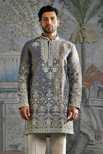Shop_Asuka_Grey Tissue Embroidered Kurta And Pant Set _Online_at_Aza_Fashions